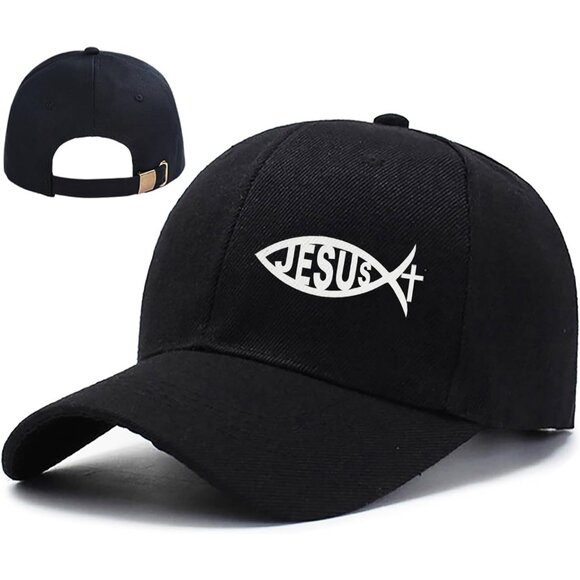 Men's Jesus Fish Black Soft Comfortable Cotton Trucker Dad Hat Baseball Cap - Picture 1 of 7